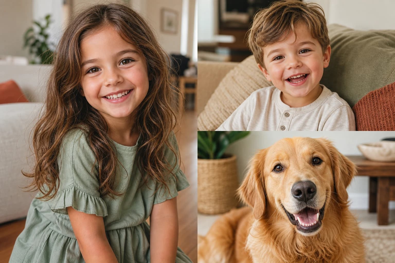 Emma with her little brother Leo and their golden retriever Max