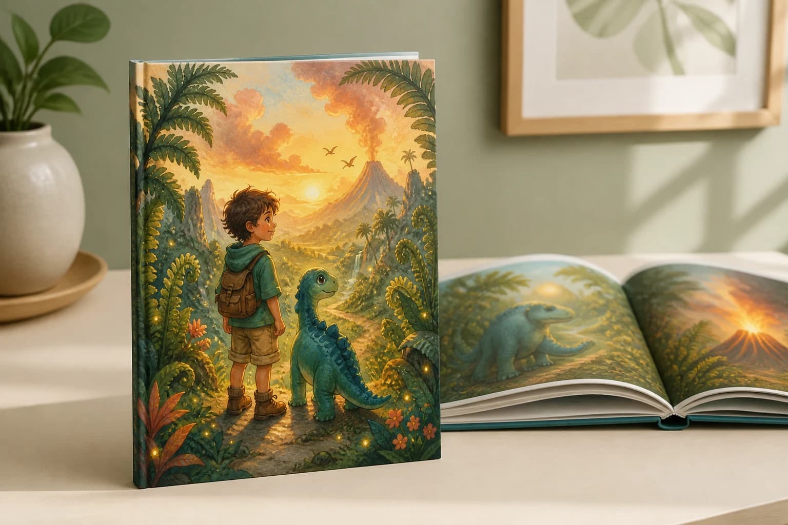 A personalized dinosaur adventure printed as a matte hardcover book